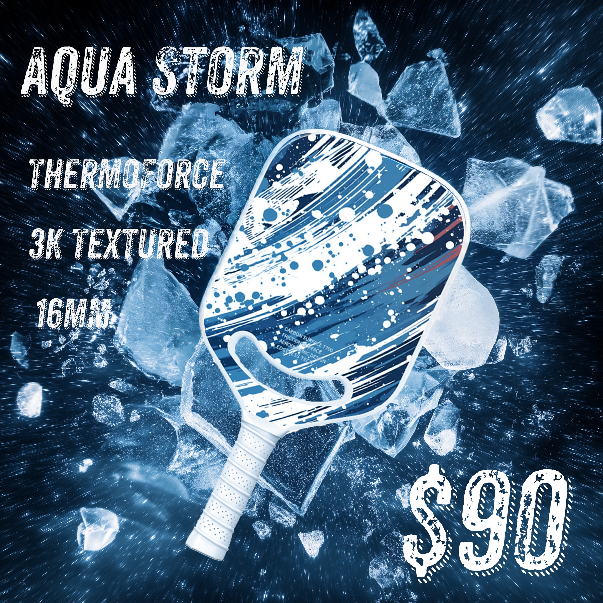 ThermoForce T300 Carbon Fiber 3K Textured 16mm Pickleball Paddle PP Honeycomb Core | Aqua Storm