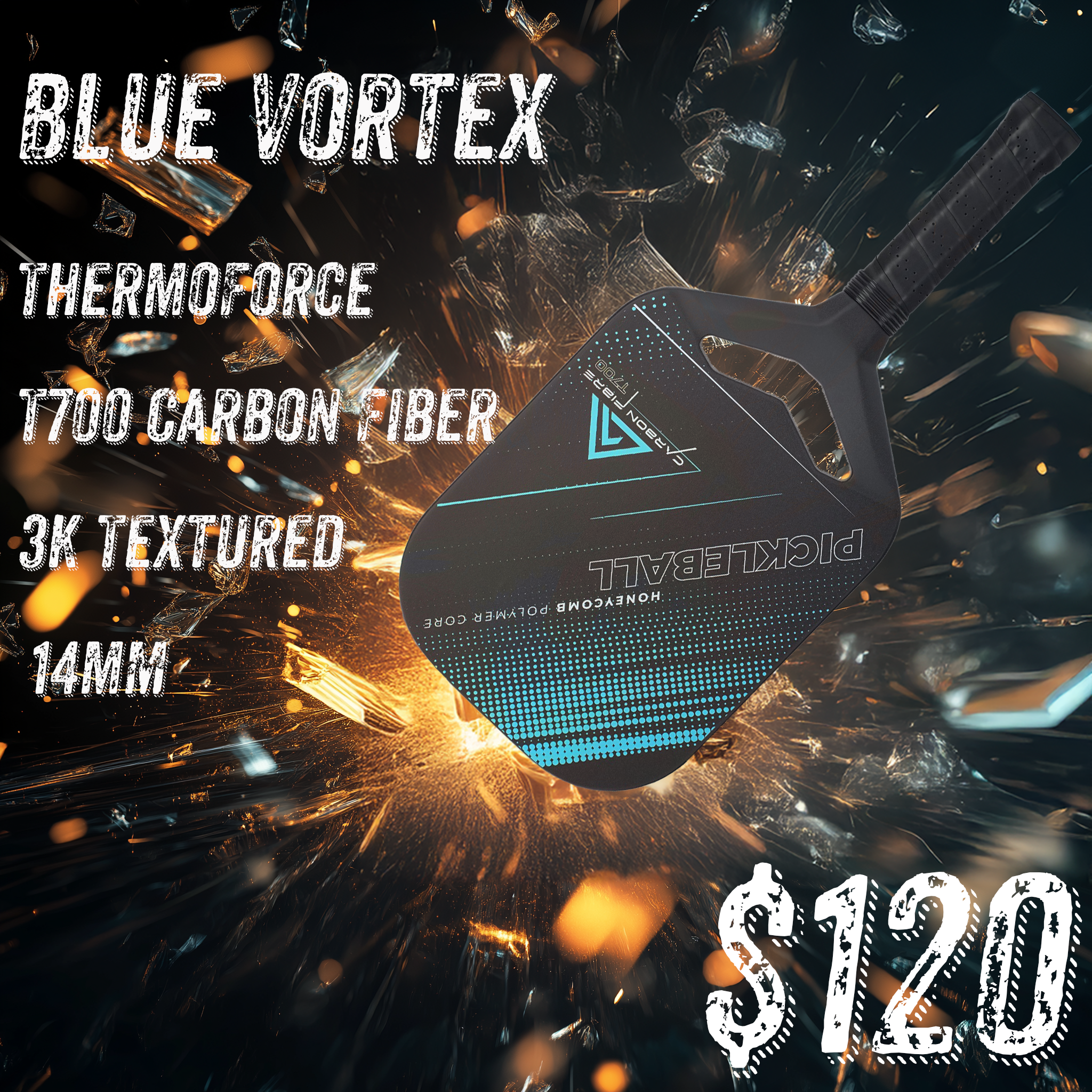 Pro-Comp ThermoForce T700 Carbon Fiber 3K Textured 14mm Pickleball Paddle PP Honeycomb Core | Blue Vortex