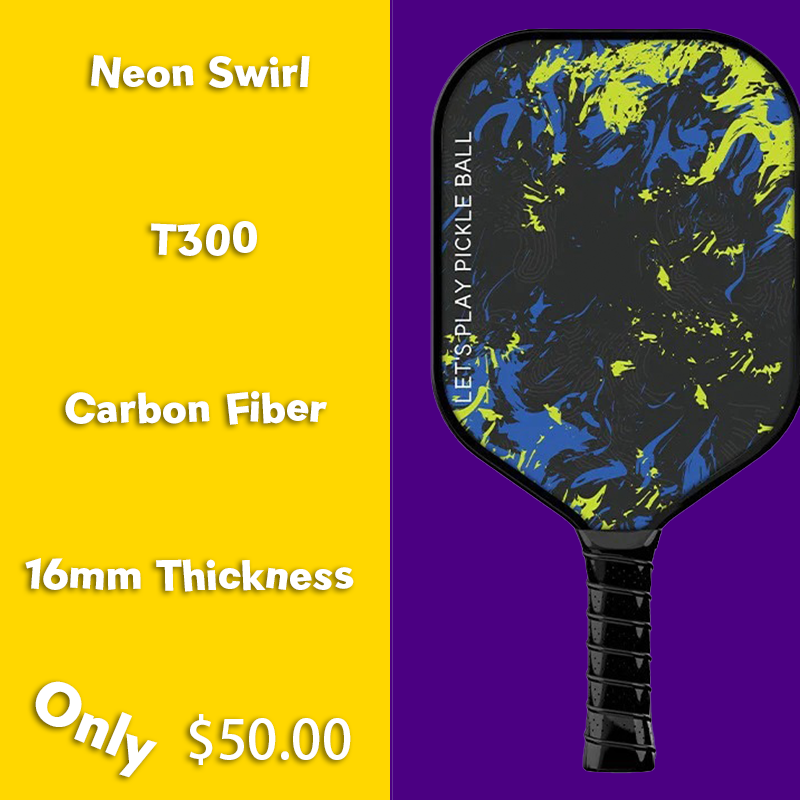 CoolGrip T300 Carbon Fiber 16mm Pickleball Paddle PP Honeycomb Core | Neon Swirl