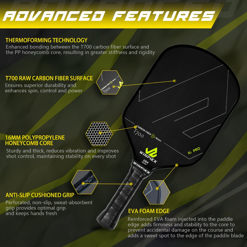 ThermoForce T700 Carbon Fiber 16mm Pickleball Paddle PP Honeycomb Core | Lime