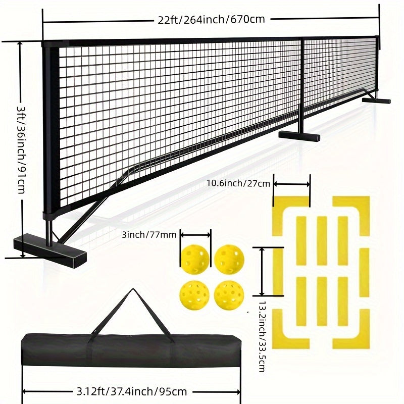 Portable USAPA Regulation Size 22ft Pickleball Set with Net - Durable Steel Frame, oncourtoffcourt, Includes 4 Balls & Court Markers, Portable Design with Carry Bag